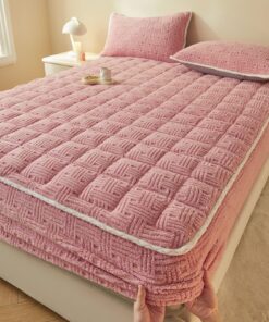 Aotiwe Spannbettdecken Pink Unifarben mit Gestickter Spitze Samt 200x220cm