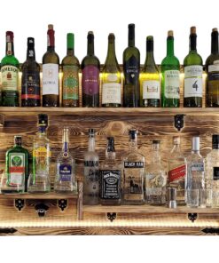 Weeco rustikale Wandbar an der Wand mit LED Beleuchtung für Whisky und Gin | Weeco Wandregal für Alkohol und Weine mit