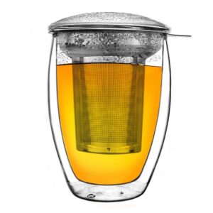 Creano doppelwandiges Teeglas - Edelstahlfilter - 400ml - Praktisch für jede Situation - Holzhandel - Durchoptimierte Fl