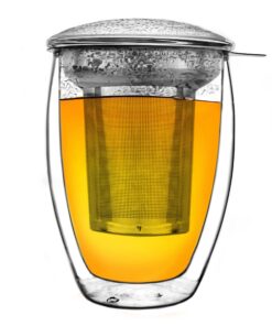 Creano doppelwandiges Teeglas - Edelstahlfilter - 400ml - Praktisch für jede Situation - Holzhandel - Durchoptimierte Fl
