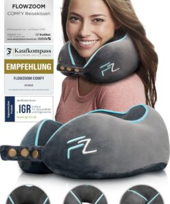 FLOWZOOM Komfy Nackenkissen für Flugzeug & Auto - Einstellbares Memory Foam Reisekissen mit flexiblen Drücken für 360° S