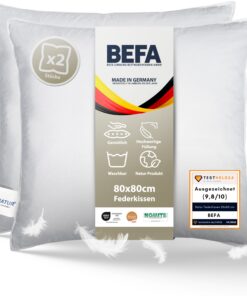 BEFA NATUR Federkissen 80x80 cm, 100% Federn, 1500g Füllgewicht, Tierwohl zertifiziert, Allergiker geeignet, OEKO-TEX Kl