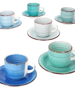 MamboCat 6er Set Cappuccinotassen 200ml Blau mit Untertassen aus Steingut