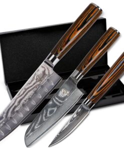 Wolfblood 3er Santoku Damastmesser Set für Küchenprofi mit TÜV geprüfter Qualité & Klingenschutz