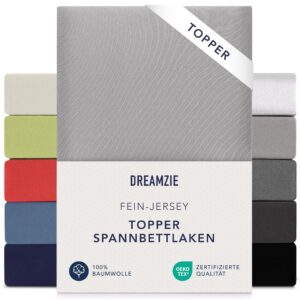 Dreamzie Premium Topper Spannbettlaken - extra niedriger Seitenhöhe - für Topper - 150 g/m² - Oeko-TEX - Grau OEKO-TEX S