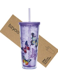 bzyoo Doppelwandiger Kunststoffbecher mit Deckel und Strohhalm, wiederverwendbar, perfekt für Eiskaffee und Tee - Büro u