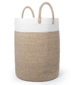 Wäschekorb mit Henkel Braun&Weiß, geflochten, für Kinderzimmer, Wäschesammler Groß (Braun&Weiß, D 38 x H 50 CM) Spielz