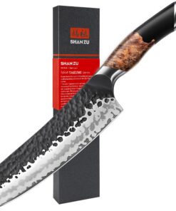 SHAN ZU Japanisches Santokumesser 20 cm für Profis im Keller und Küche mit 7 Schichten Hochwertigem Carbon Stahl | SHAN
