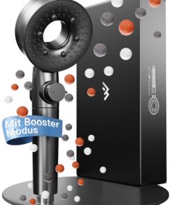 LOBENSWERK Wassersparender Duschkopf mit Filter & Booster für Spaß und gesundes Haar | 3-Mode-Duschkopf in Schwarz inkl.