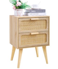 Naturerfrischender Rattan Nachttisch DECTG59Y, Holz Beistelltisch mit Rattan Dekoration, Boho Design für Schlafzimmer un
