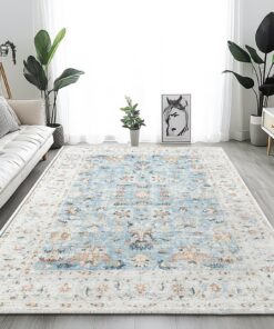 TOPICK Blau Waschbar Superdünner Perserteppich für Wohnzimmer und Küche OEKO-TEX STANDARD 100 TOPICK Blau Vintage Blum