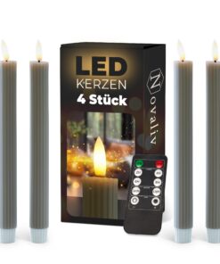 Stabkerzen LED mit Timer TAUPE GRAU 4 Stück indoor - ECHTWACHS gerippt 23cm Höhe für Kerzen 2,2cm Durchmesser 2 AAA Batt