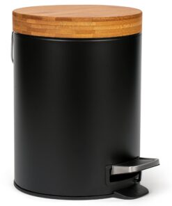 Kazai® 5L Design Bad-Mülleimer | Bambus-Holzdeckel mit Absenkautomatik & Anti-Fingerabdruck | Schwarz