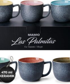 MIAMIO - 6 x 470 ml Kaffeetassen/Große Kaffeetassen - modisch für jeden Tag - Steinguts Kaffeetassen Las Palmitas Kollek