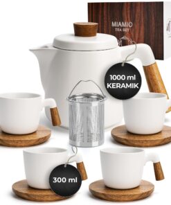 MIAMIO - 1 Liter Keramik-Teekanne-Set mit Siebeinsatz für Haus und Büro (Weiss) MIAMIO - Keramik-Teekanne-Set mit 4 Ta