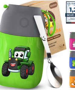 Funkelfuchs® Thermobehälter für Essen Kinder – Grün Traktor 500ml - Warmhaltebehälter Edelstahl Thermo Lunchbox Babybrei