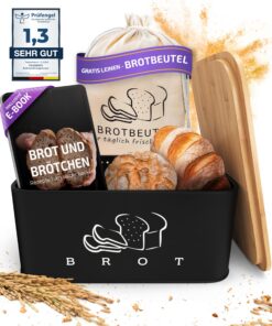 Schwarz Brotkasten mit Bambusdeckel - perfekte Brotaufbewahrung für lange Frische + Premium Brotbox 2in1