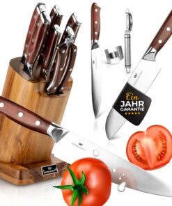 Küchenmesser Set Santoku 9-teilig mit Messerblock, scharfe Edelmetalle Messer & Holzgriff | Kochmesser 9-teilig mit Mes