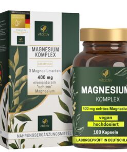 VITACTIV Magnesium Komplex - 400mg echtes elementares Magnesium pro Portion - Vegan - 180 Kapseln - Unterstützt Gesundhe
