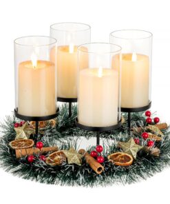 Hewory Adventskranz Kerzenhalter Schwarz Metall mit Glaszylinder - Modern Weihnachtsdeko für Stumpenkerzen