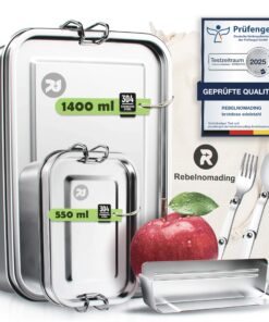 1400 ml + 550 ml Edelstahl Brotdose Set - Auslaufsicher mit Tragetasche, Faltbarem Löffel & Gabel für Erwachsene