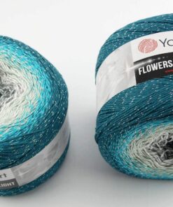 YarnArt Flowers Bobbel Wolle mit Glitzer und Farbverlauf 500 Gramm 53% Baumwolle Mehrfarbig 1000m (Petrol Silber grau 32