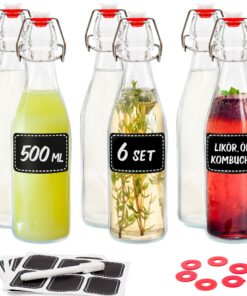 Praknu 500ml 6er Set Glasflaschen mit Bügelverschluss inkl. Extra Dichtungen & Etiketten für Öl Essig Saft