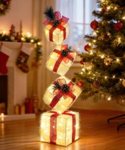 WingFly 4 Set LED Geschenkbox Weihnachten, Batterie betriebene LED Geschenkboxen mit Timmer für Festliche Dekoration |