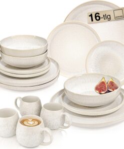 SÄNGER Korfu Geschirrset 16 tlg 4 Personen Handmade Steingut Creme sandige Maserung