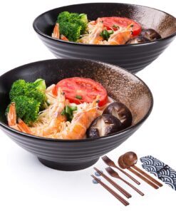 **Porzellanschüssel für Ramen mit Stäbchen und Löffeln, 2 x 900 ml, japanisches großes Schüssel-Set für Nudeln, Udon, P