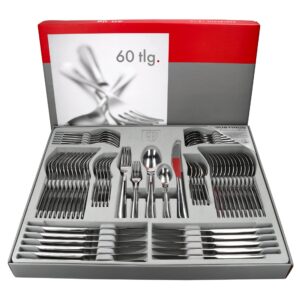Justinus Twist 60tlg Komplett-Besteck-Set für Gastro & Zuhause I mit geschwungenem Griff & Edelstahl I für 12 Personen I