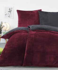 BaSaTex Winter Plüsch Bettwäsche Set 4 Teilig | Flauschiger Deckenbezug und Kissenbezug | Anthrazit/Bordeaux