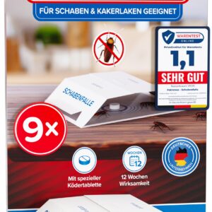 Patronus Küchen-Schabenfalle [9 Stück] giftfreie Ködertabletten, Wohnräume Monitoring, Kakerlaken Befallsermittlung