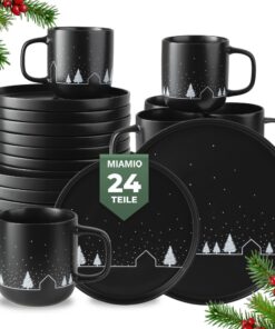MIAMIO Weihnachtsgeschirr für 8 Personen - 24-teiliges schwarz matt Keramikset – Mikrowellen- und Spülmaschinengeeignet