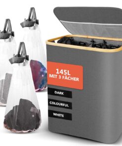 SOUTHGATE 145L Wäschekorb für Familie, Wasserdicht, 3 Fächer, Grau SOUTHGATE XXL Wäschesortierer mit Deckel, 145L, Gra