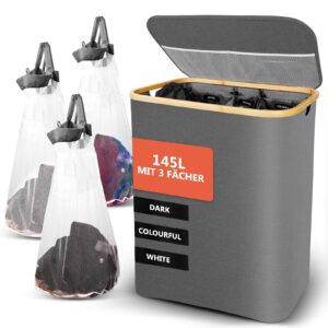 SOUTHGATE 145L Wäschekorb für Familie, Wasserdicht, 3 Fächer, Grau SOUTHGATE XXL Wäschesortierer mit Deckel, 145L, Gra