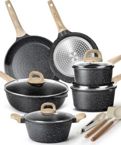 Topfset Induktion für Hausfrauen - 13-teiliges Schwarzes Granit Kochtöpfe Set mit Deckeln - Antihaft ohne PTFE und PFOA