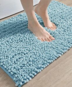 DEXI Rutschfeste Badematte, saugfähig und weich, waschbar, Chenille, für Badewanne, WC und Dusche, 40,6 x 61 cm, Hellbla