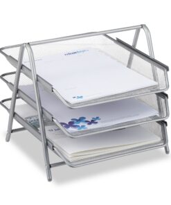 Relaxdays Metall Dokumentenablage 3 Fächer Mesh Design für A4 Schreibtisch Silber 35,5 x 29,5 x 27 cm