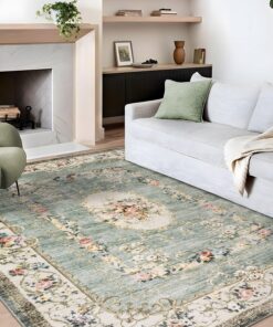 Vintage waschbare Wohnzimmerteppiche Grüne Blumenmuster rutschfest Groß 120x170 cm