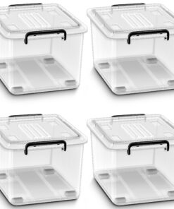 Tillvex® Aufbewahrungsboxen mit Deckel 4er Set - Lebensmittelgemäß 62 Liter | Kunststoff Boxen Set stapelbar | Kleidersc