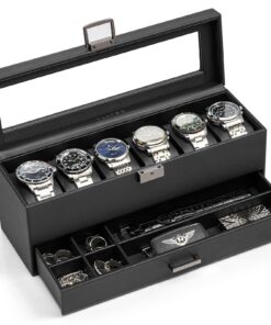 Vlando Uhrenbox Herren, 6 Uhren 2 Ebenen, abschließbarer Uhrenkoffer mit Glasdeckel, Geschenk für Väter, Ehemann, Schwar