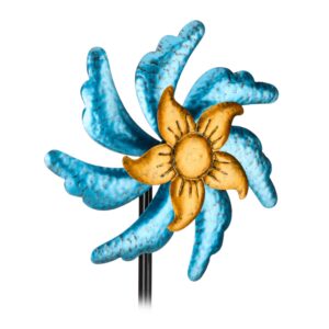 Relaxdays Windrad für den Garten - Blau/Gold | HBT 120 x 30 x 12,5 cm | Eisen Windspiel | Blumenstecker mit Erdspieß