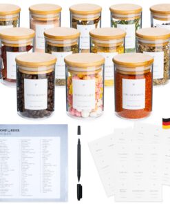Luftdichte Vorratsgläser Glas mit Bambusdeckel – 12er Set 230 ml inkl. Deutsche Gewürzetiketten für Mehl Müsli Spaghetti