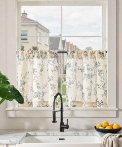 TOPICK Leinen Küchenvorhänge Blau auf Weiß 65B x 60H (cm) Halbtransparent Frühling Küche Kurz Bedrucktem landhausstil