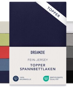 Dreamzie Premium Topper Spannbettlaken - extra niedriger Seitenhöhe - für Topper - Oeko-TEX Dunkelblau