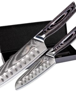 Wolfblood PRO 2er Santoku Damastmesser Set für Küchenierschwierigkeiten mit TÜV geprüfter 62 HRC Damaststahl in einer Ge