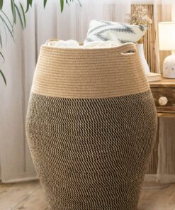 TIMEYARD Großes Wäschesammelkorb für die Waschküche, geflochten aus Jute, 65cm hoch, schwarz