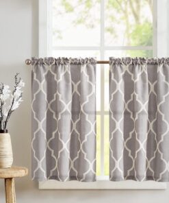 TOPICK Modern Wohnzimmer Gardinen H60xB65 cm - Landhausstil Muster, Weiss auf Hellgrau - 2er Set Bistrogardine Leinenopt