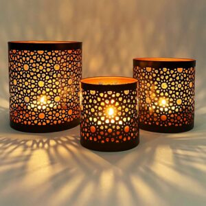 3er Set Orientalisches Windlicht Laterne | Adiba 14cm Groß, Marokkanische Dekoration, Vintage Kupferfarben innen schwarz